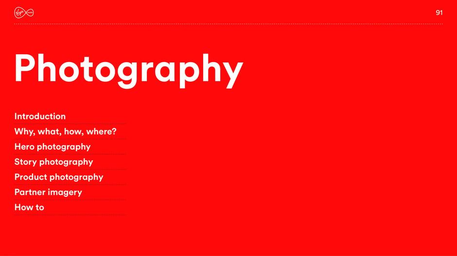 Section index for Photography outlining introduction, purpose (why/what/how/where), hero, story