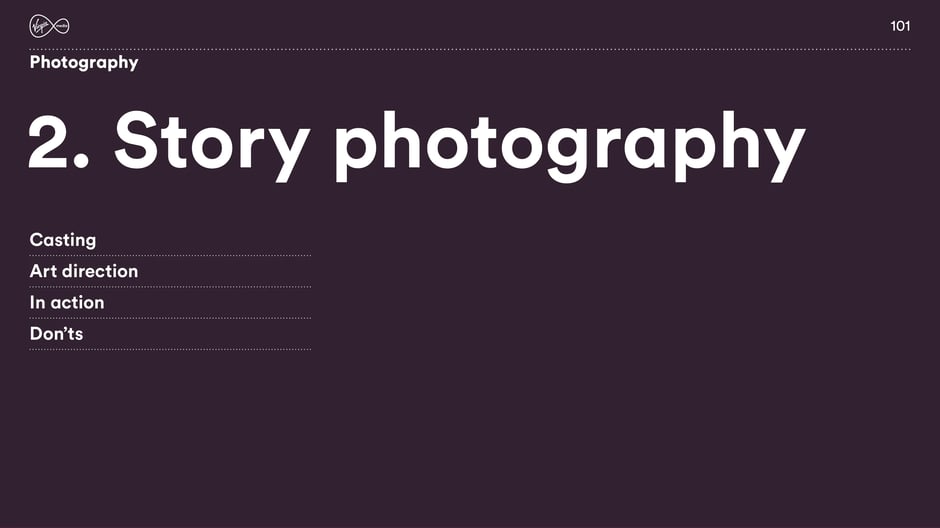 Introduces the story photography section and its subtopics: casting