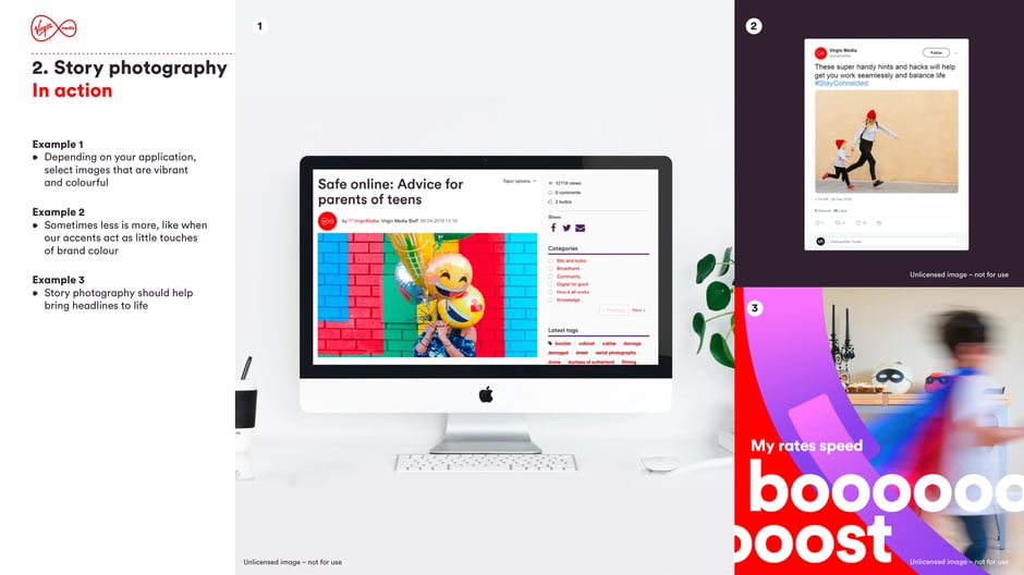 Three practical examples: use vibrant, colourful images where appropriate; apply