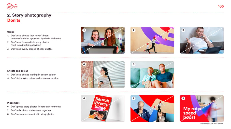 Lists prohibited choices for story photography: don't use unapproved