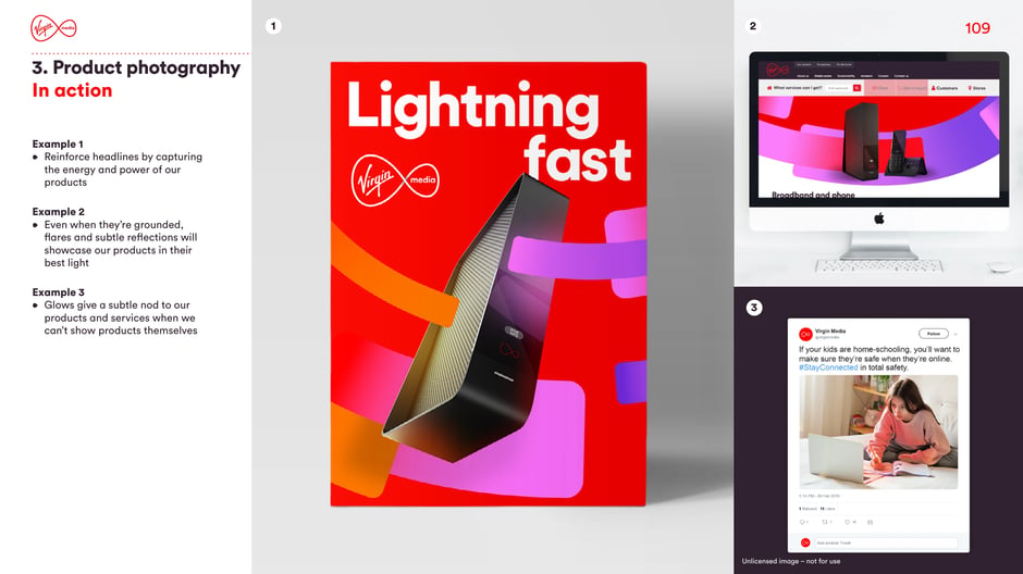 Provides product photography examples: reinforce headlines by capturing product energy