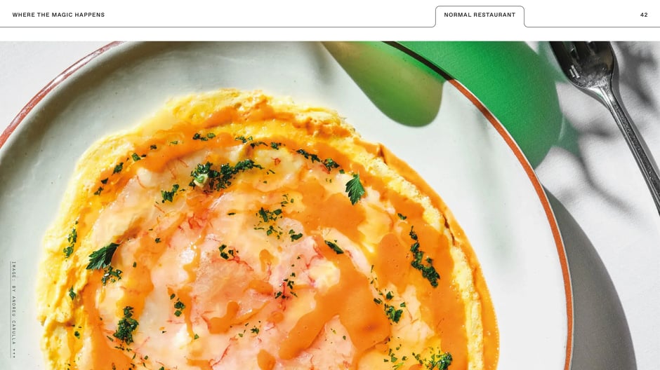 A large food photograph highlights Normal’s simple plating and seasonal
