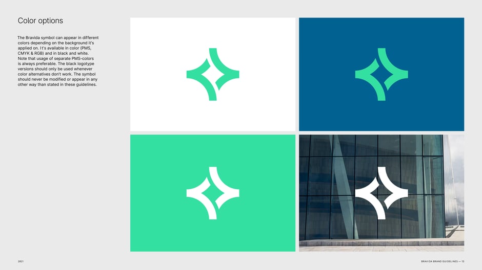 Shows approved symbol color treatments: full-color, reversed white, single-color