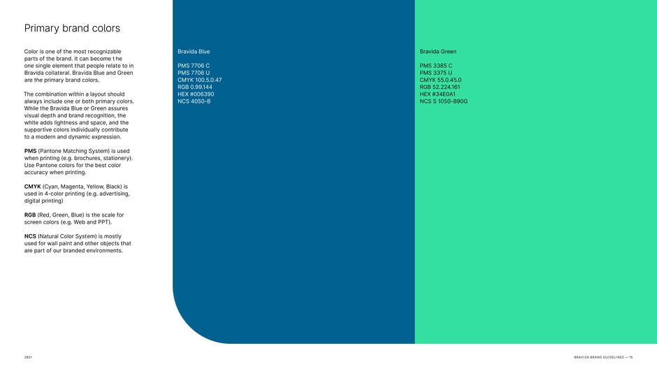 Defines Bravida Blue and Bravida Green as the primary brand