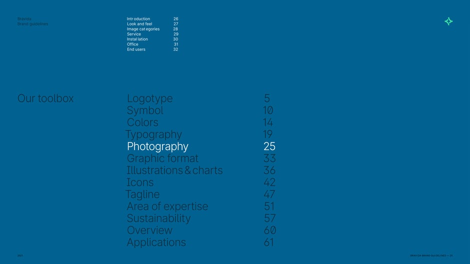 Table of contents for Bravida's brand toolbox that highlights photography
