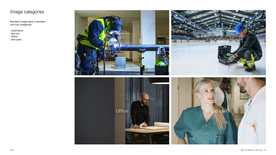 Divides Bravida's image bank into four categories: Installation, Service, Office
