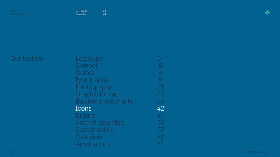 Table of contents for Bravida's toolbox listing logotype, symbol, colors