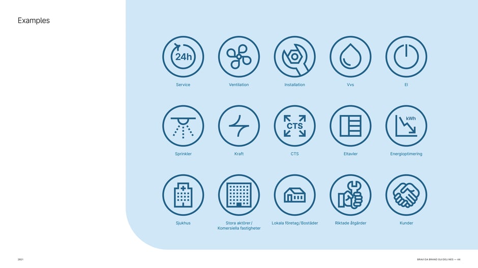 A set of circular service icons with labels (service, ventilation