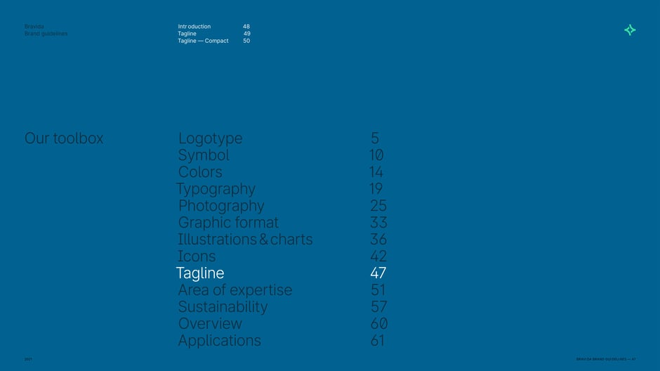 Section divider that highlights the Tagline chapter (page 47)