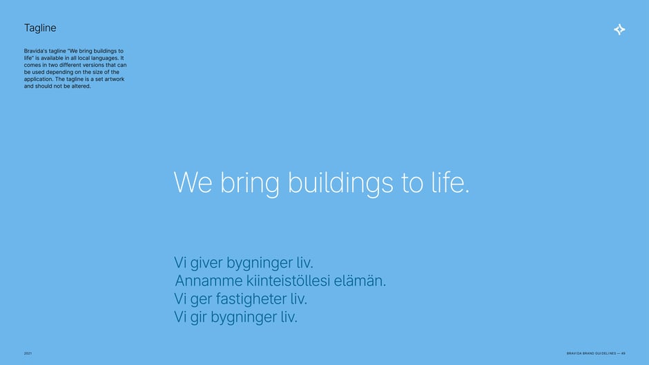 Primary tagline 'We bring buildings to life.' presented with approved