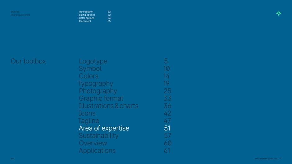 Table of contents for Bravida's brand toolbox with 'Area