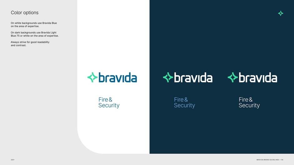 Prescribes color usage for area-of-expertise lockups: use Bravida Blue