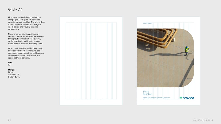 Defines the A4 grid system for print ads with 20