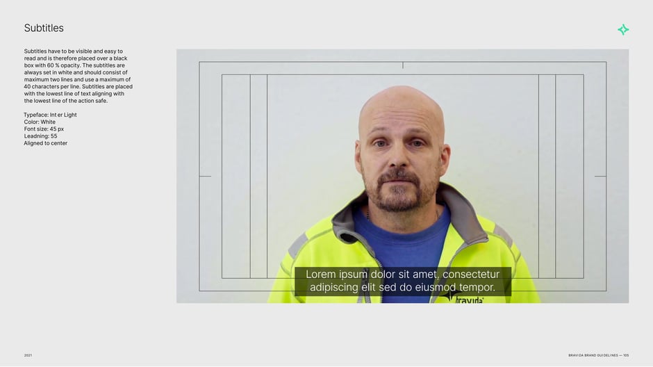 Subtitles: white type on 60% black box, two-line max