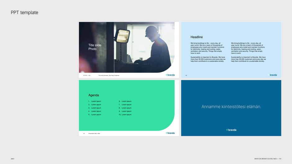 Four PowerPoint layouts: title photo, two-column content, agenda