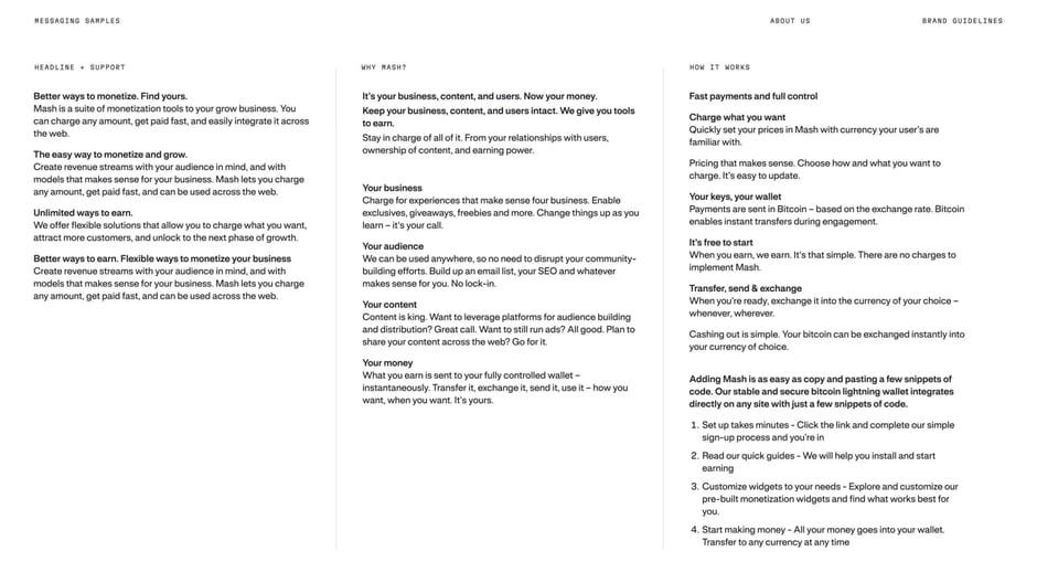 Messaging samples: Headline, Why Mash?, How it works