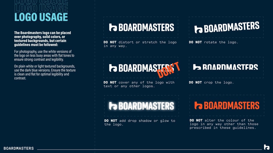 Six logo misuse rules: no distortion, rotation, overlay, cropping, effects, or recoloring