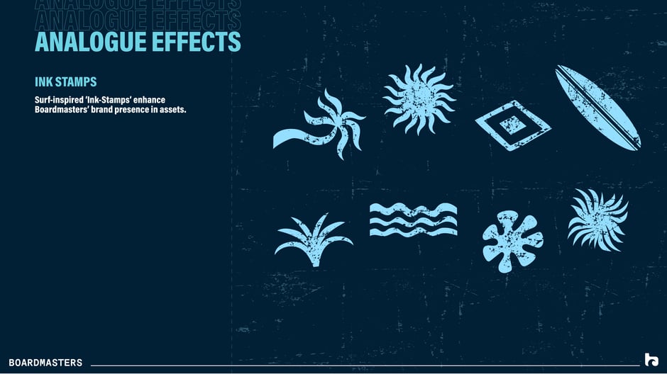 Surf-inspired ink stamp icons: waves, palms, surfboards, and suns