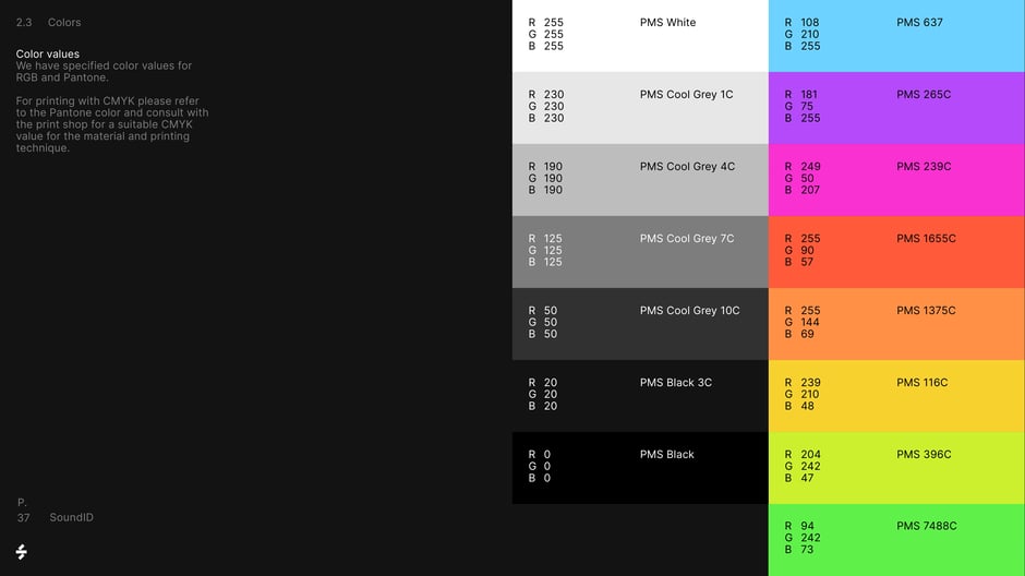 Color values: RGB and Pantone