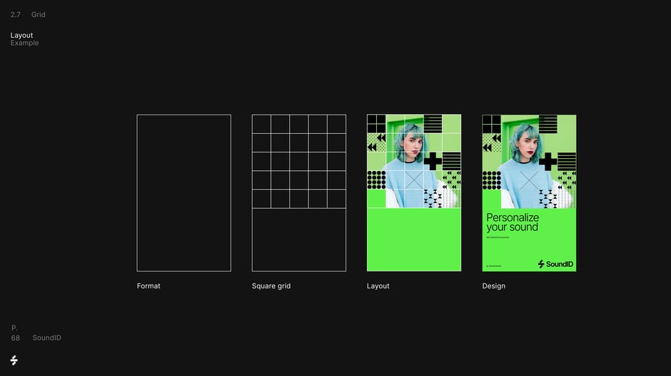 Shows format, square grid, and finished poster designs to illustrate