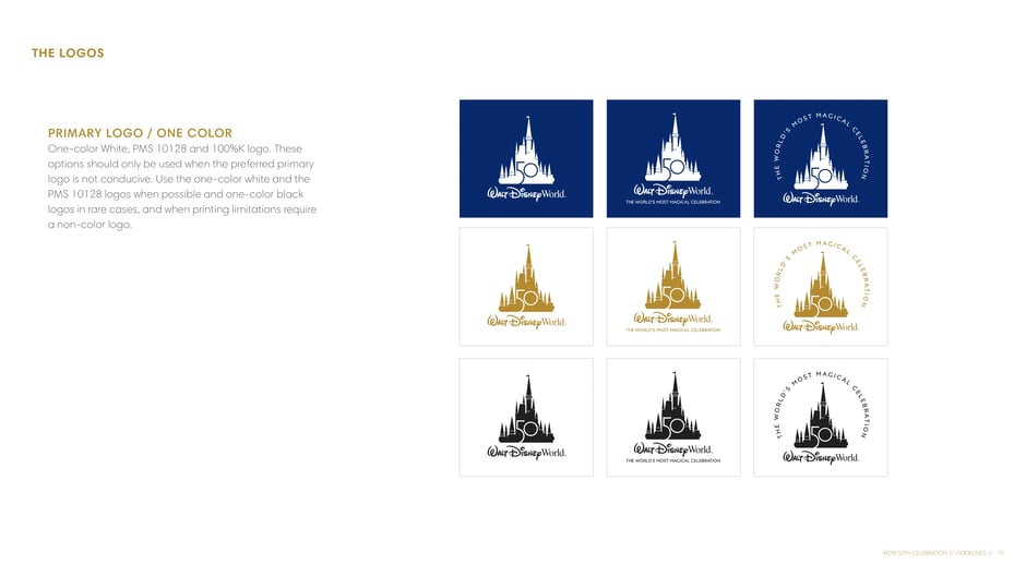 Approved one‑color treatments for constrained production: white, PMS 10128 gold