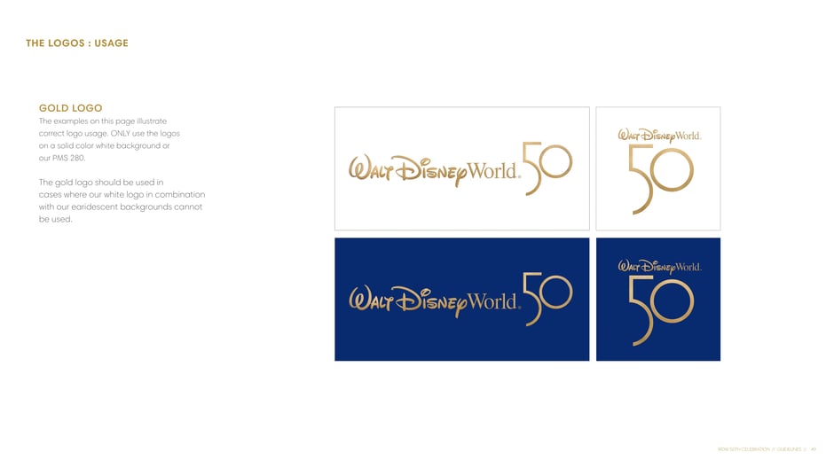 Gold logo usage on white and PMS 280 backgrounds