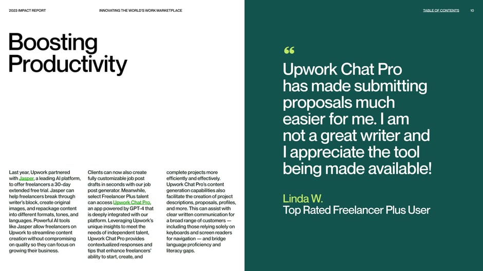 Details AI initiatives:partnership with Jasper and Upwork Chat Pro (GPT‑4)