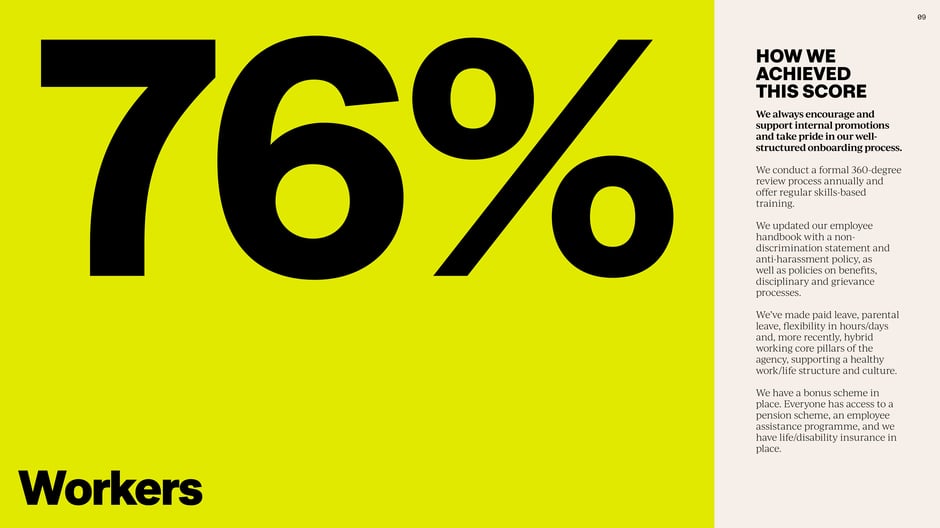 Worker-focused improvements (76%) include formal 360-degree reviews, skills training, updated