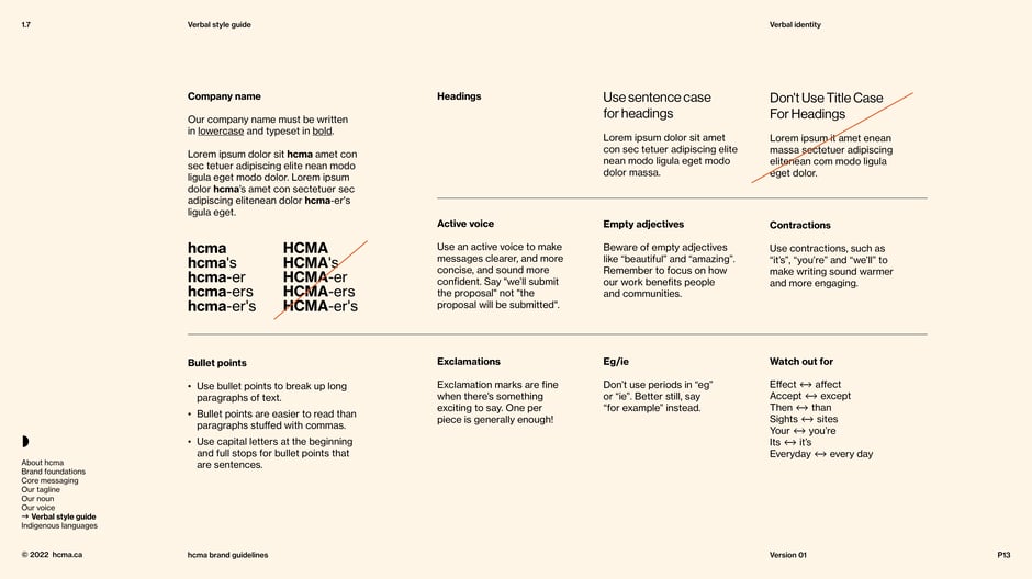 Prescribes practical writing rules:company name in lowercase bold, sentence-case headings
