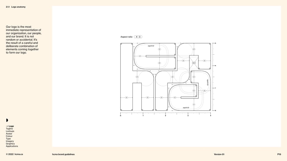 Breaks down the logo's construction:grid, aspect ratio, and measured relationships