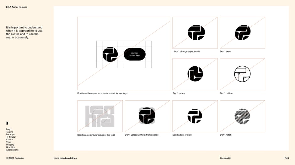 Prohibited treatments include altering aspect ratio, skewing, rotating, outlining, cropping