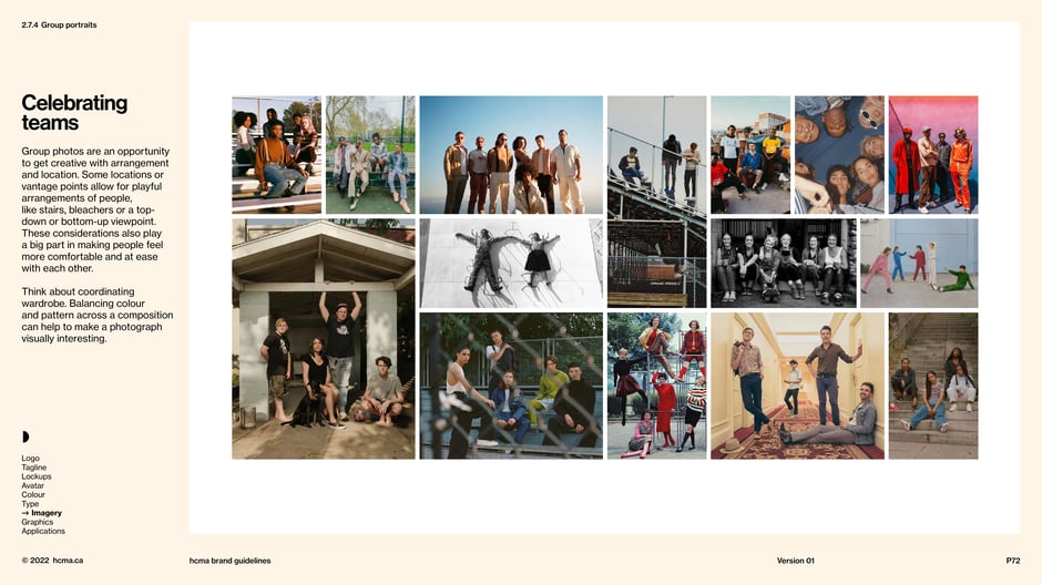 Group portraits use creative arrangements, vantage points, and coordinated wardrobe