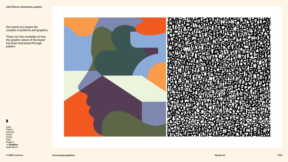 Two pattern examples show how the brand's graphic vocabulary can