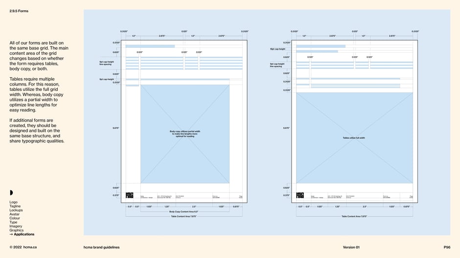 Forms base grid: tables versus body copy