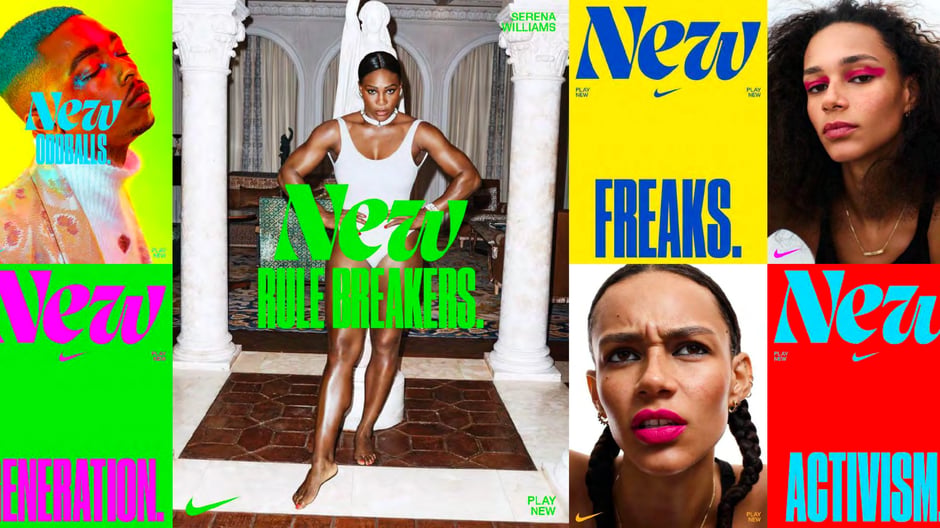 Grid of campaign posters and portraits demonstrating lockups, bold color
