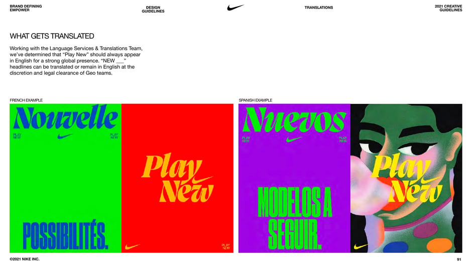 Nike's Language Services require the phrase "Play New" to remain