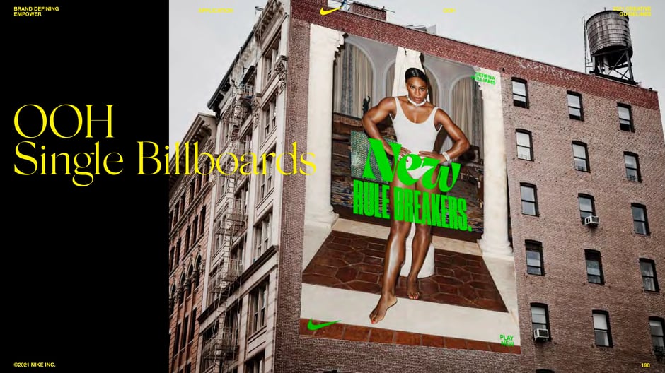 Wall-scale placement using full-body photography and oversized type ('New Rule