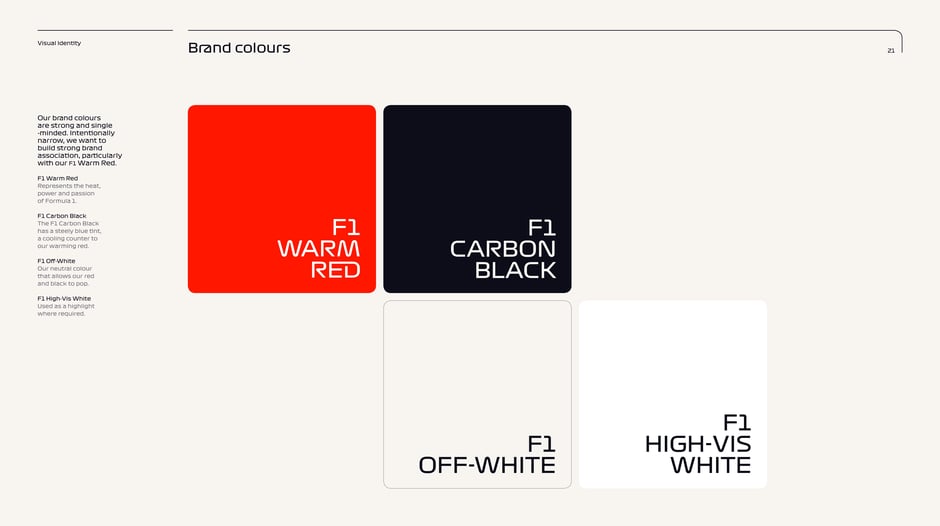 Defines F1's core palette: F1 Warm Red, F1 Carbon