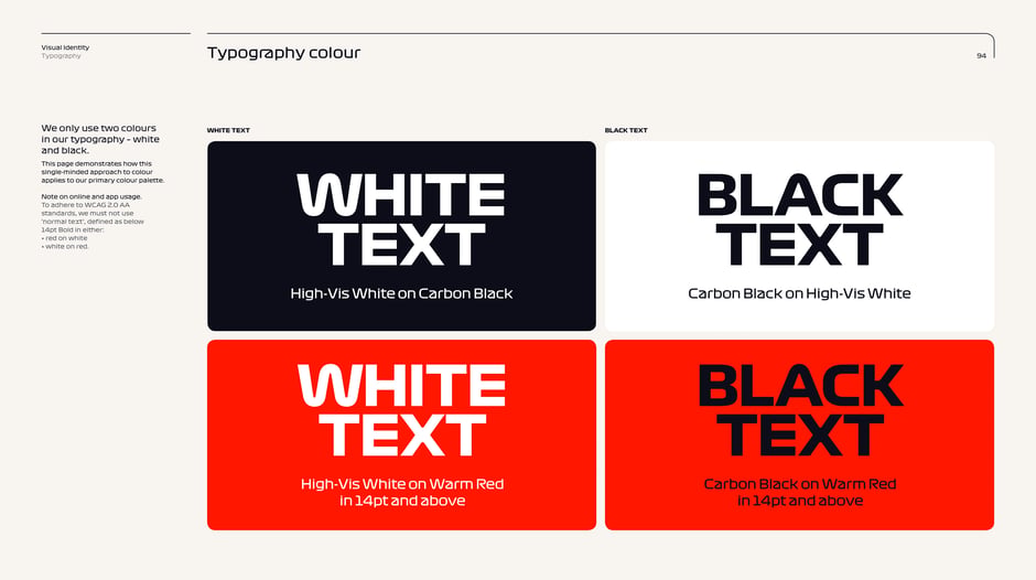 Approved type colour combinations and WCAG notes