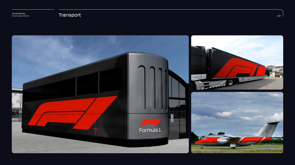 Vehicle livery applications showing the F1 mark on hospitality units