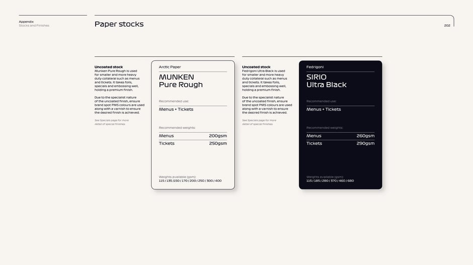 Munken Pure Rough and Sirio Ultra Black for menus & tickets