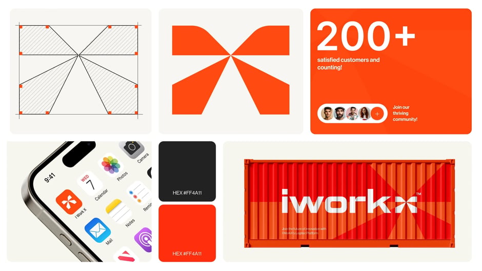iWorkX brand system, app icon, and logistics branding