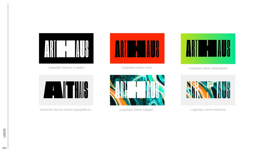 Variaciones del logotipo: versiones en blanco, color, degradado y máscara