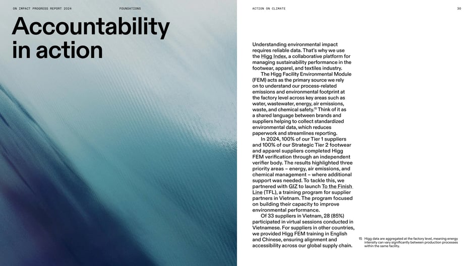 On uses the Higg FEM to standardize factory‑level environmental data