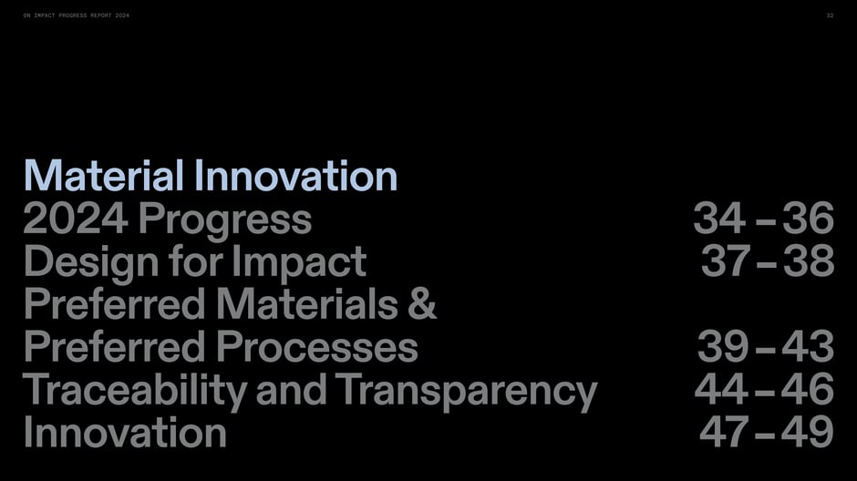 Introduces the Material Innovation section and the 2024 progress topics