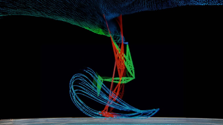 Abstract simulation imagery representing computational material and force modelling used