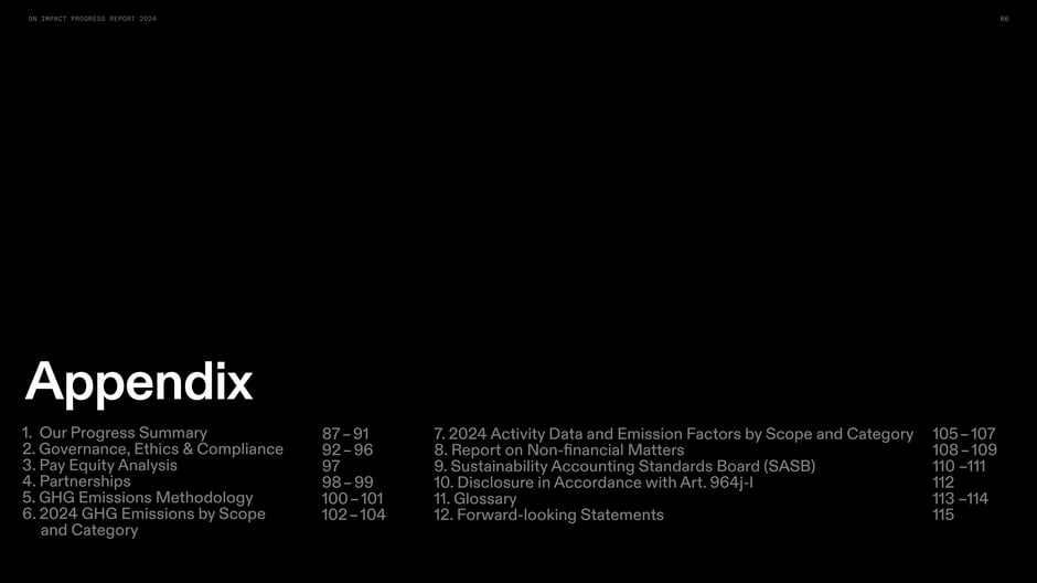 Table of contents for the appendix, listing progress summary, governance