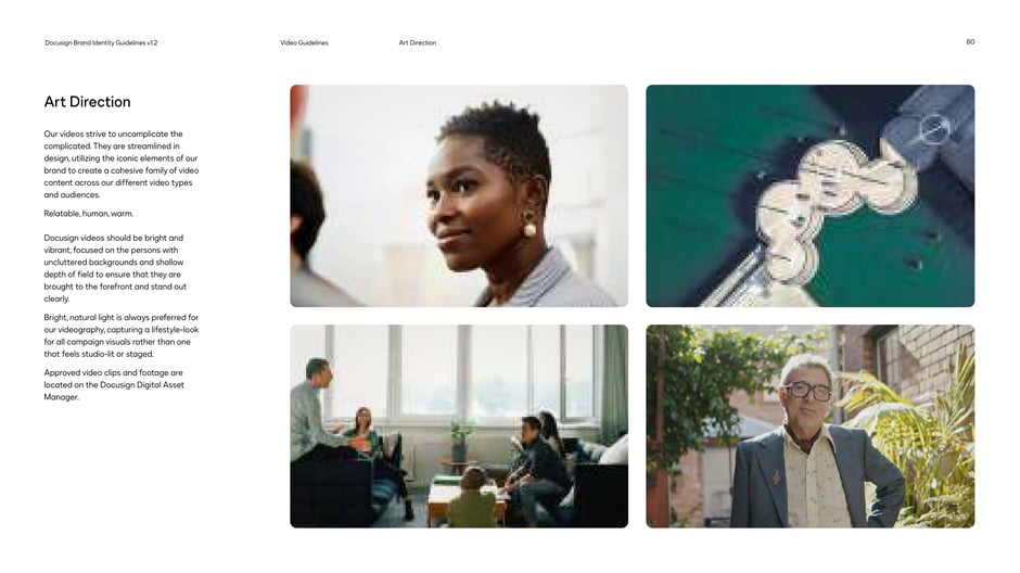 Docusign video art direction emphasizes relatable, human, warm imagery: bright