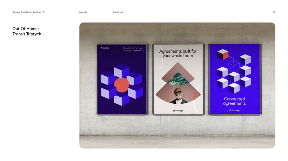 Three-panel transit posters mixing geometric motifs, people photography, and headlines