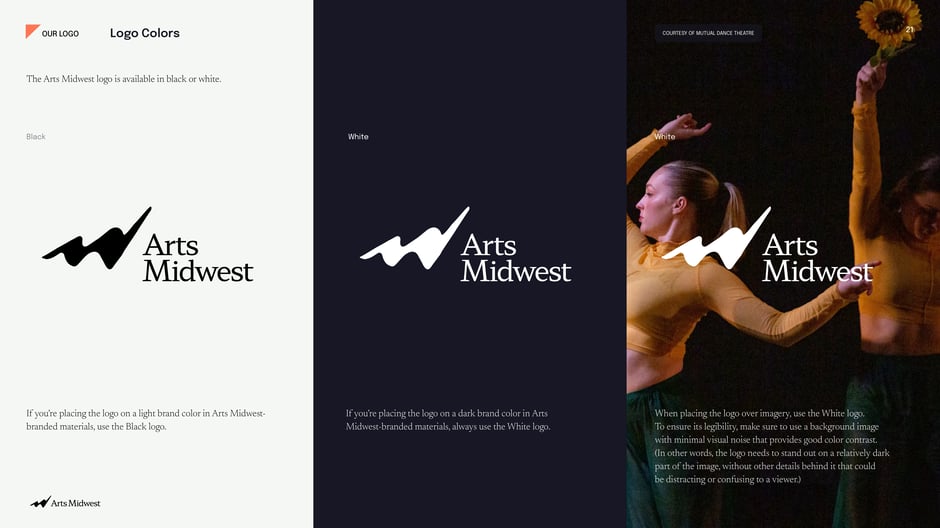 Arts Midwest provides black and white logo variants and instructs